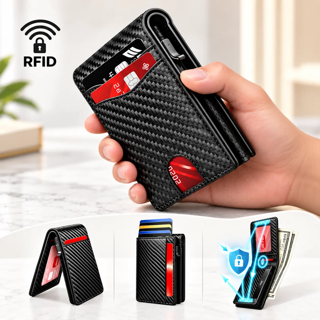 Men's RFID Blocking Slim Bifold Wallet - Pop-Up Card Holder, Quick Access Card Slots, Built-In Money Clip, Minimalist Compact Sports & Outdoor Everyday Carry Wallet, Christmas Gifts for Him, Mens Wallet