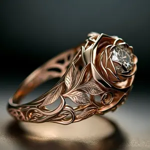 Rose Golden-Tone Bronze Floral Ring with White Cubic Synthetic Zirconia - Elegant Women's Jewelry for Engagement, Wedding Anniversary, Proposal Gift