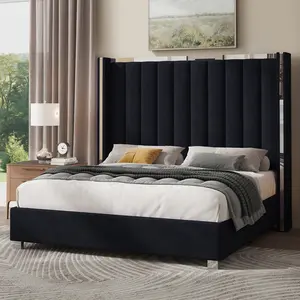VanAcc Bed Frame with 58" tall Headboard, Velvet Upholstered Platform bed with Channel Tufted Wingback Headboard and Plating Trim, No Box Spring Needed