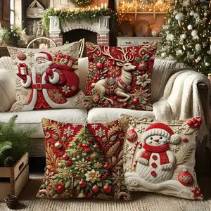 Christmas Pillow Covers Set of 4, Tree Snowflake Gold Bell Pattern, Festive Gold Design, Polyester