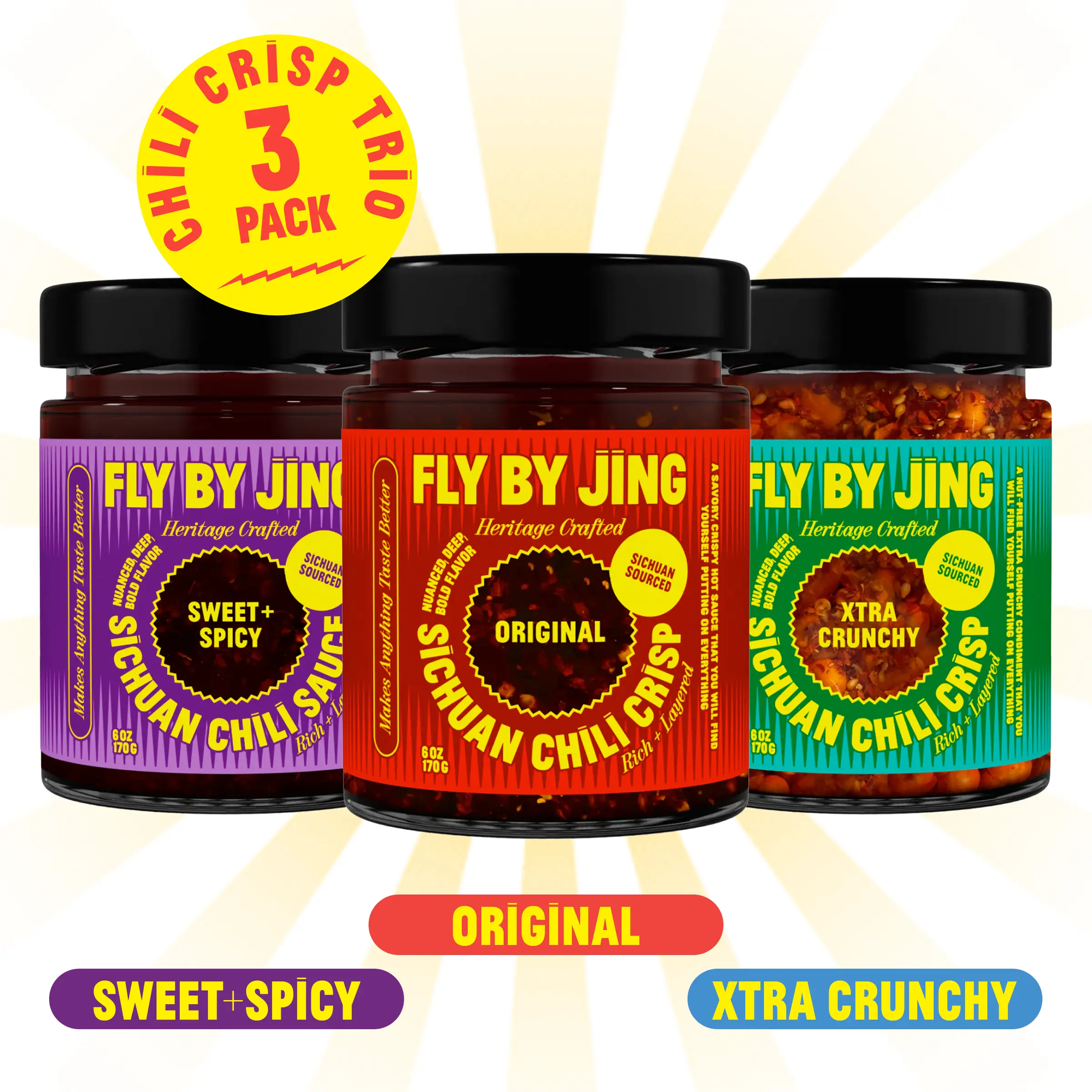 Fly By Jing Chili Crisp Trio – Premium Chili Sauces – Original, Sweet + Spicy & Xtra Crunchy Flavors – Vegan & Non-GMO, 3-Pack