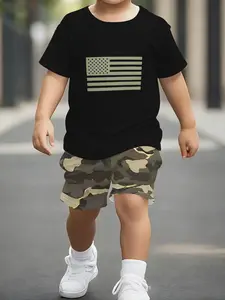 Boys Fashion Set for Little Kids, Stylish Cool Printed, Casual Slim-Fitting Short Sleeve Top and Shorts, All over Print