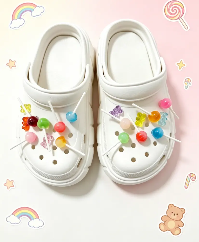 Cute 3D Candy Shoe Charms, 18pc DIY Mix of Lollipop & Gummy Bear Resin Charms with Jelly-Clear Shine, Sweet Look for Girls, Festival Party Favors, Festival‑Ready Hold