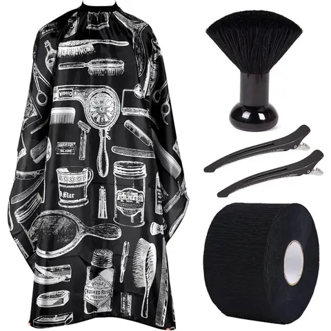 5pcs Men/Women Adults Hair Grooming Kit, Heat-Safe Fabric Barber Cape, Adjustable Neck Size, Self-Adhesive Neck Strips, Anti-Static Chemical-Resistant Salon/Home Dust Cover, Duster