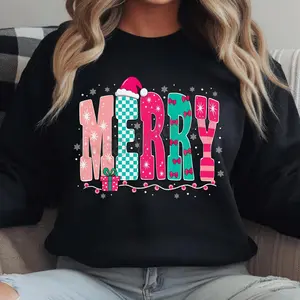 Gildan Merry Preppy Christmas Crewneck Unisex Heavy Blend Sweatshirt 18000 Casual Top with "MERRY" Print in Black