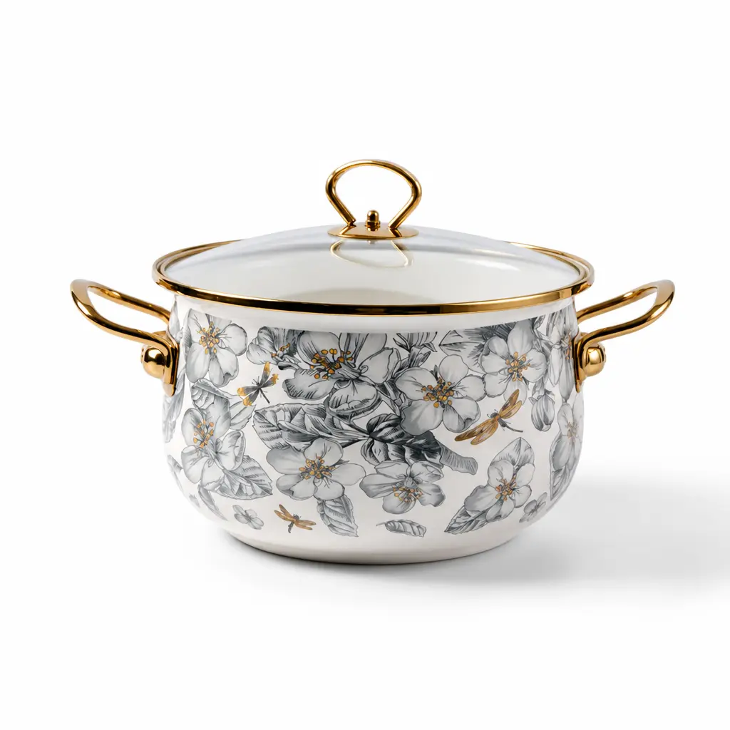 Vintage Flower Enamel Nonstick Thick Cookware - Dual-Handle Cooking Pot with Glass Lid, Large Soup/Saucepan Compatible with Induction Cookers and Stoves
