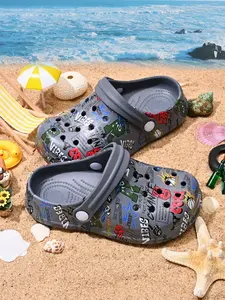 Summer Boys' Comfortable Fashion Casual Lightweight Trendy R Letter Print Outdoor Beach Hole Shoes, Ideal for Home, Beach, Outdoor Play
