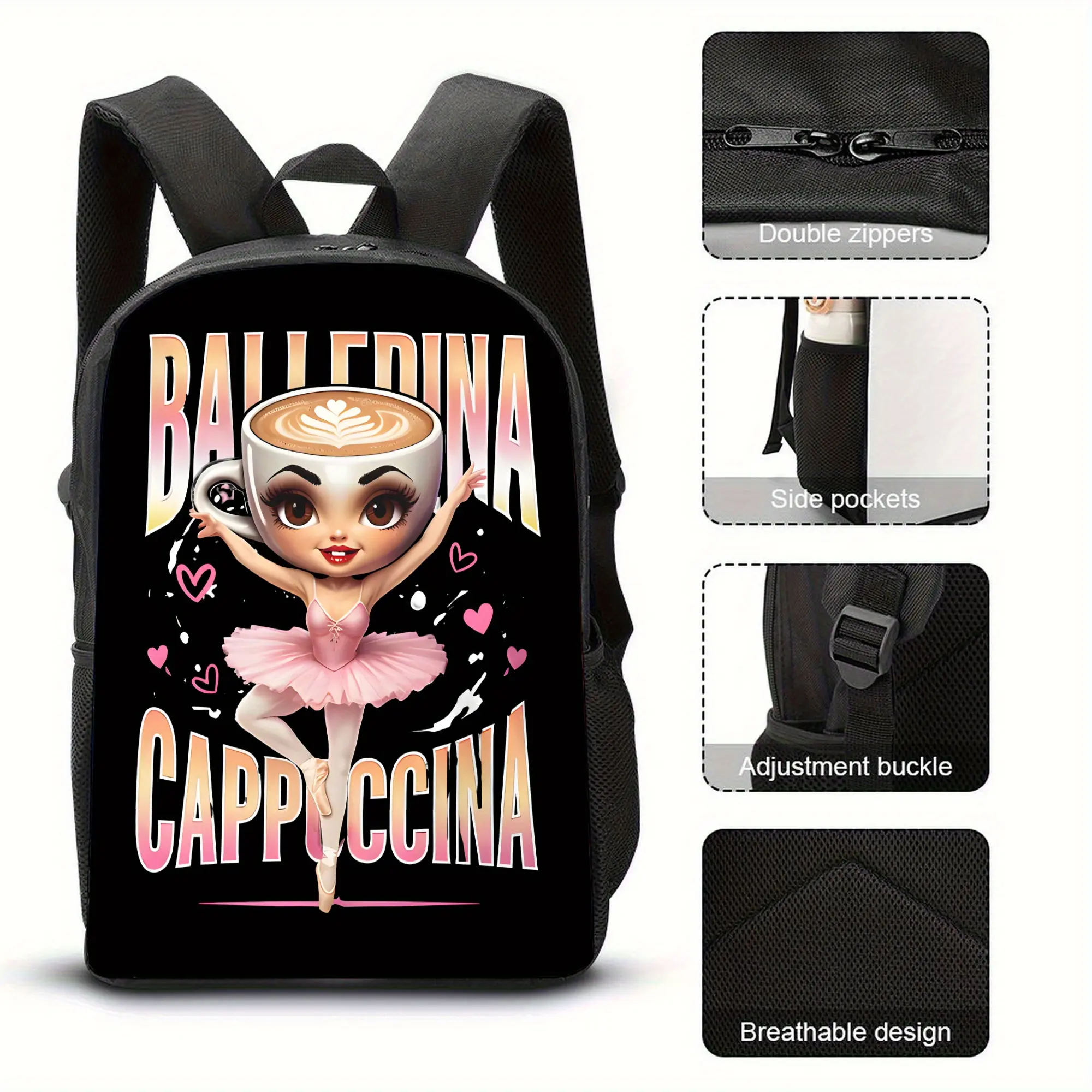 Ballerina Cappuccina Lightweight Travel Backpack - Italian Brainrot Style Commuter Bag with Separate Laptop Compartment, Stylish Organizer for Everyday Use, Adjustable Shoulder Straps, Polyester Lining, Perfect for College Students and Urban Adventures,
