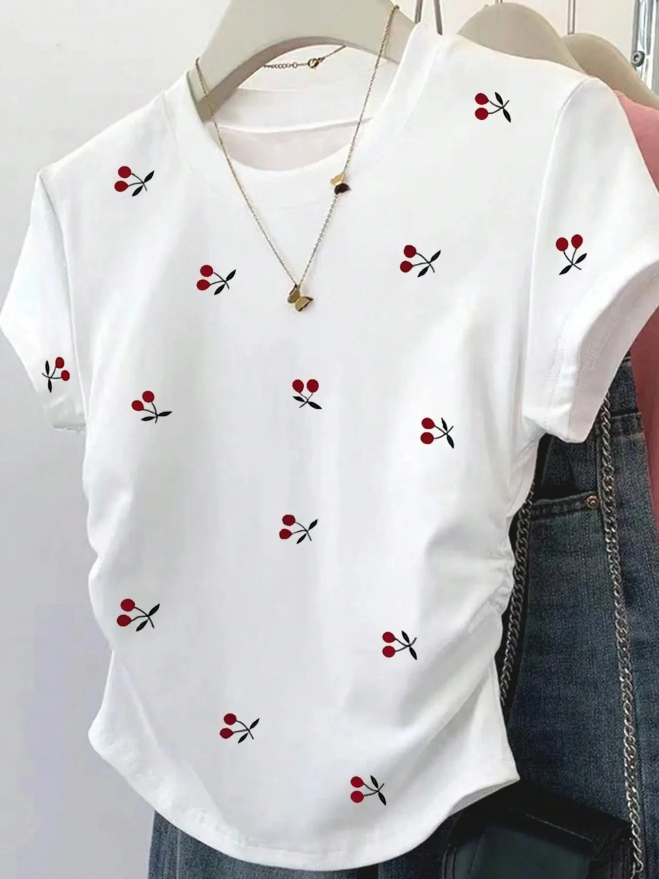 Women's Cherry Digital Print Slim Fit Short Sleeve T-Shirt, Womenswear, Sweet Fresh Style, Casual Daily Wear, Elegant Embroidery