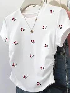 Women's Cherry Digital Print Slim Fit Short Sleeve T-Shirt, Sweet Fresh Style, Casual Daily Wear, Elegant Embroidery