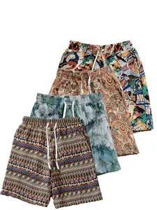 Men's Art Floral Pattern Casual Drawstring Shorts, Oil Painting Style, Breathable Summer Beachwear, Loose Fit, Holiday Activities, Print, 4 Pack, Casual Summer Bottoms