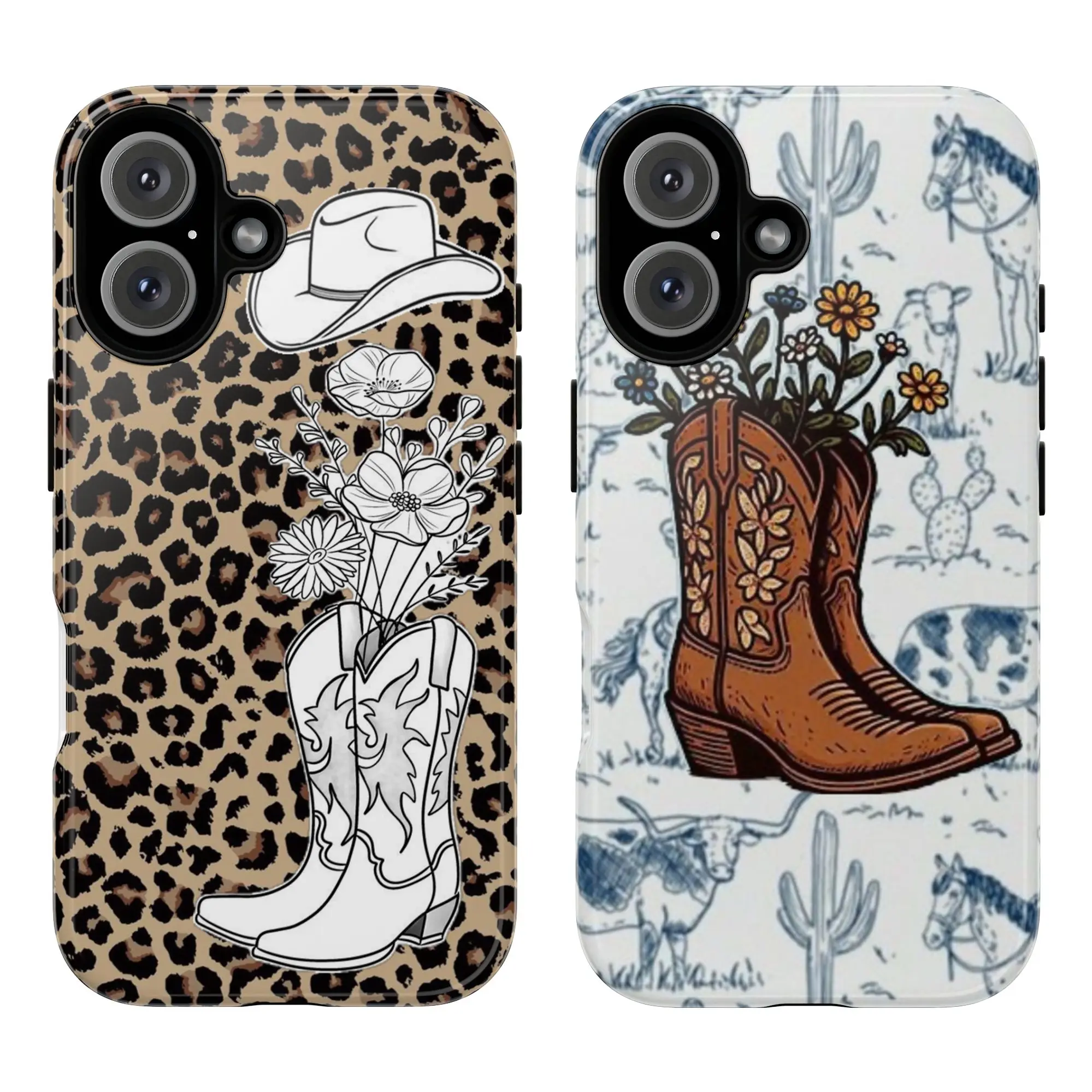 Ranch flower boot design, durable and shock-absorbing glossy 2-in-1 phone case, suitable for iPhone 17 16 15 14 13 12 11 X, Samsung and other series models, can be given as a holiday gift to friends or home