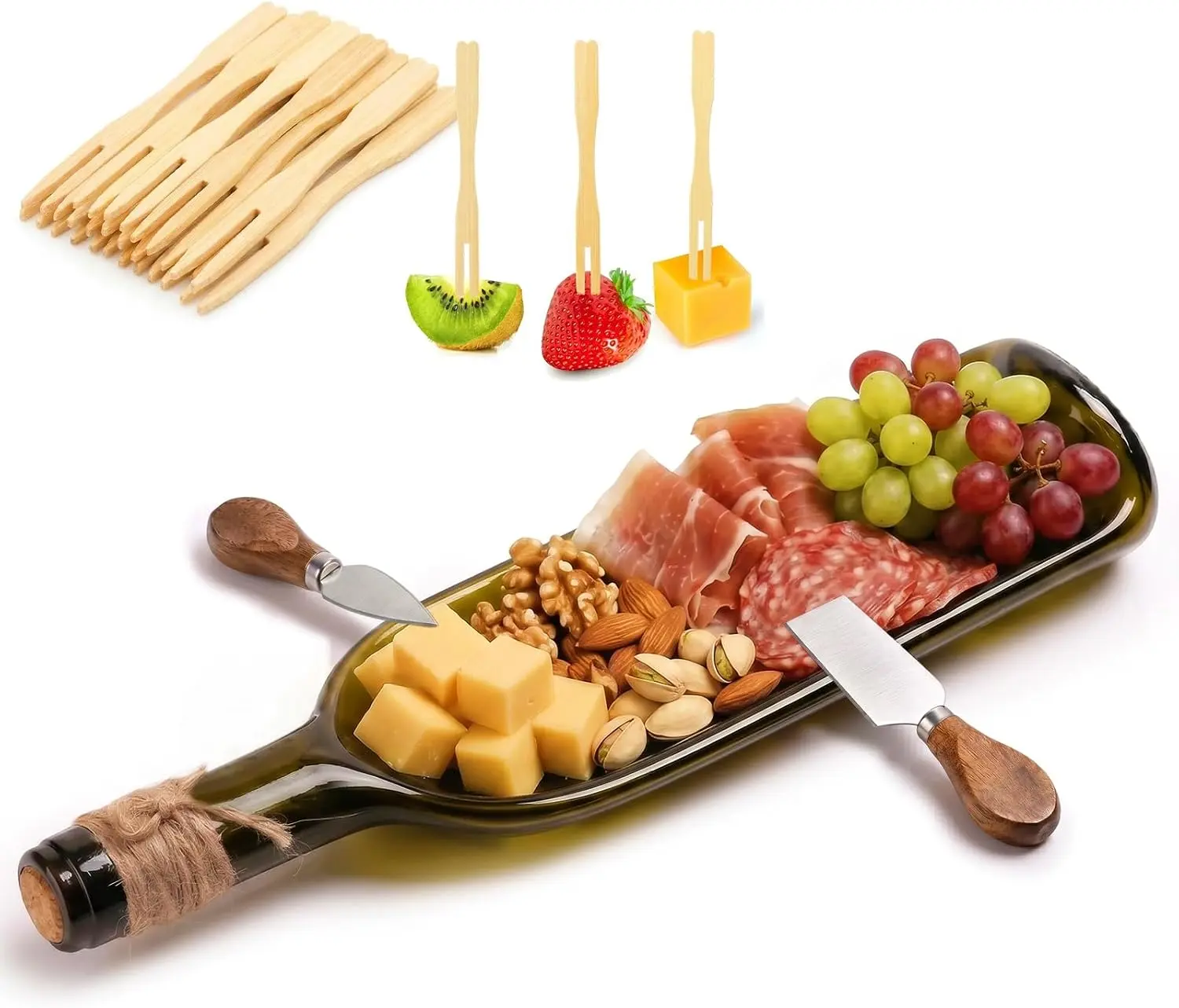 Recycled Glass Wine Bottle Charcuterie Board - Small All-In-1 Compact Tray with Forks & Cutlery for Snacks, Dinner Parties (Kitchenware Platter for Home Decor)