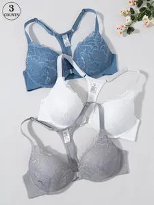 3-piece Women's Push-Up Bra Set, Medium Support, Front Closure, Lace Design, High Elasticity, Casual Daily Wear, All Seasons