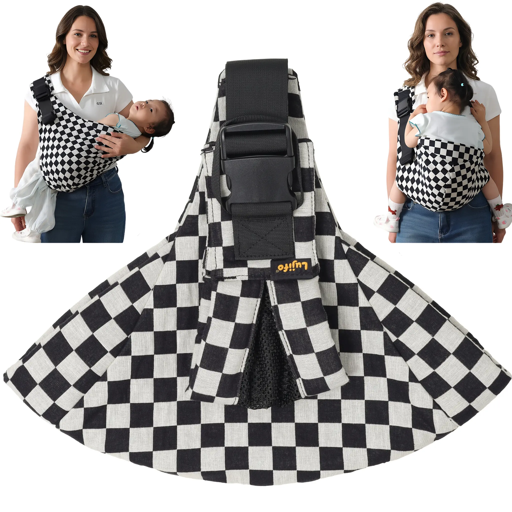 2026 LUJIFO New Checkerboard Baby Carrier, Breathable Cotton Linen Side Sling Carrier with Padded Leg Support, Lightweight Ergonomic Toddler Carrier for Everyday Travel