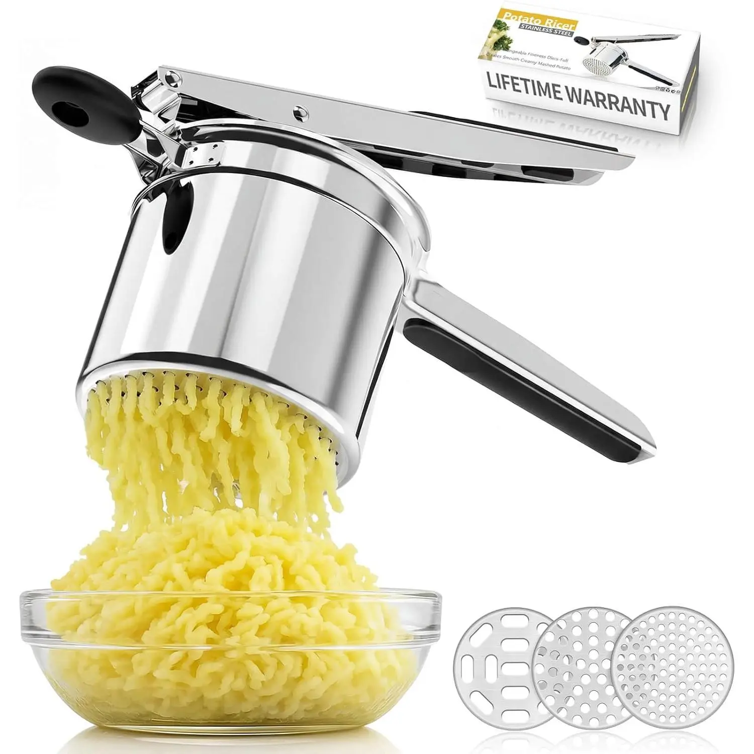 Potato Ricer, Ricer for Mashed Potatoes, 3 Interchangeable Discs Potato Masher Stainless Steel for Fluffy Mashed Potatoes, Heavy Duty Spaetzle Maker with Silicone Handle, for Gnocchi Spaghetti