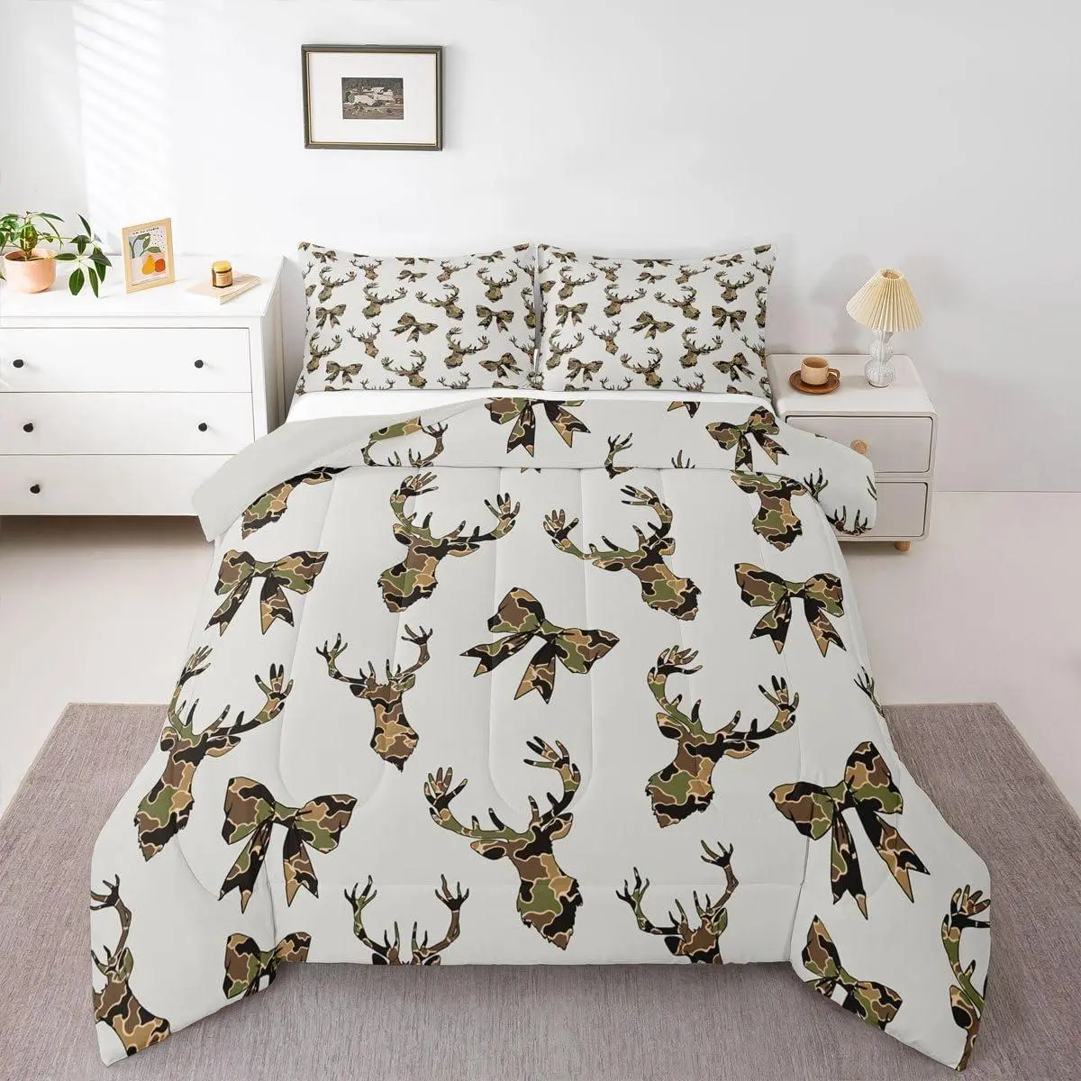Deer Hunting Camo Comforter Sets for Boys Kids Teens,Hunter Camo Bow Bedding Sets Green Camouflage Duvet Quilt,