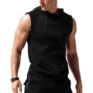 Men's Workout Hooded Tank Tops Sleeveless Gym Training Hoodies Bodybuilding Muscle Cut Off T Shirt