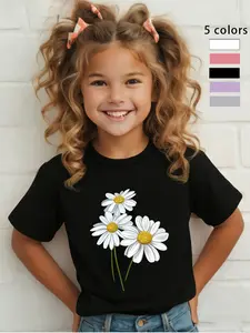 Girls Daisy Simple T-Shirt, Fresh Floral Print, Casual T-Shirt, Soft Fabric, Cute Style, Fitted Design, Cartoon Print Tee