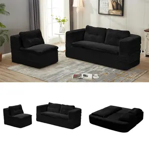Multi Functional Sectional Sofa Bed with Independent Chaise Lounge and Functional Blanket,Plush Corduroy Sofa Couch,Convertible Sofa Bed,80" King Size Bed,Deep Seat Sofa,Black,old sku:W3219P339469