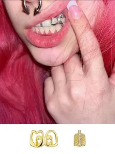 2pcs Women's Copper Tooth Gem Kit, Hollow Heart Design, Plated, Micro-Embellished 5a+ Artificial Zircon, Party Style, Teeth Kit