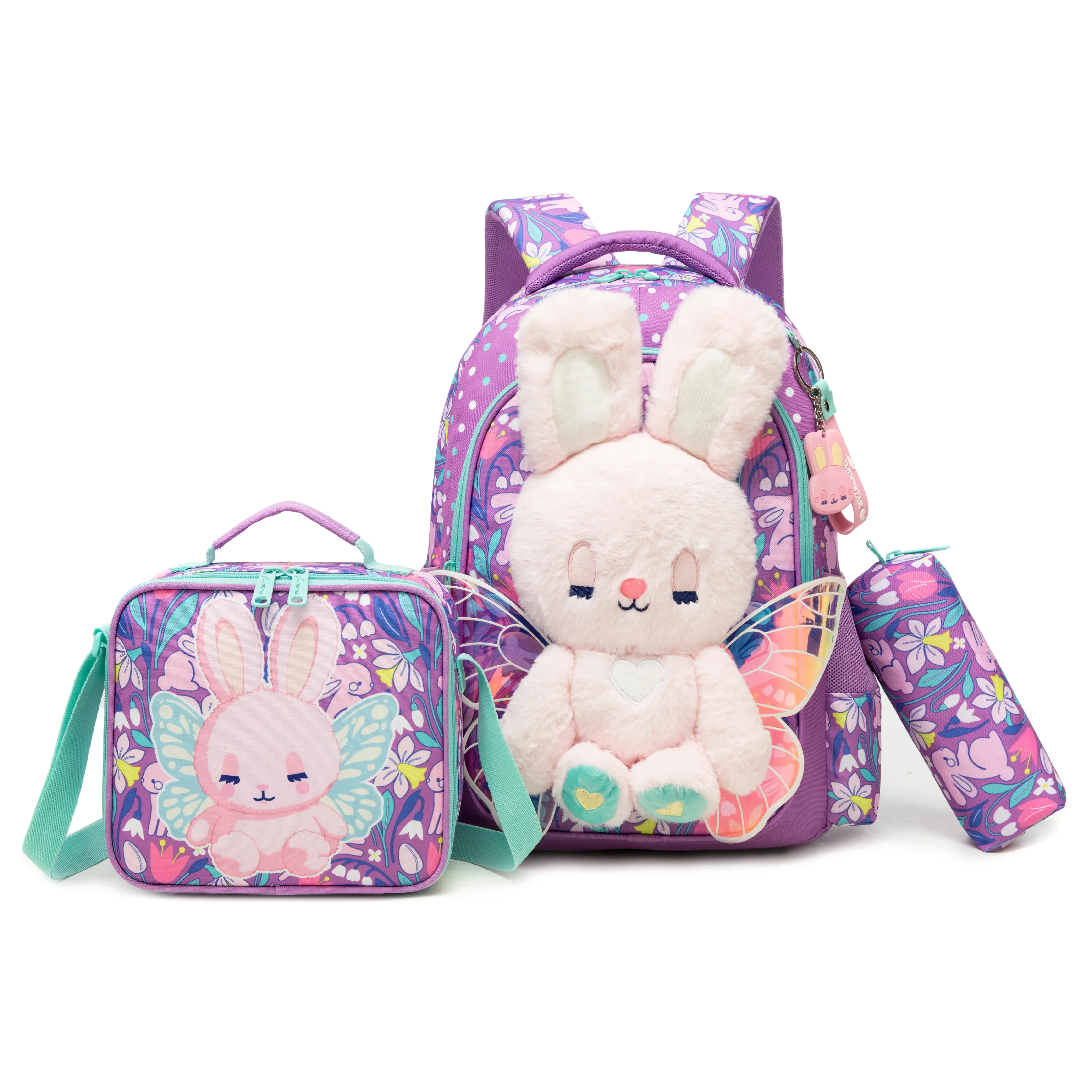 Kawaii 3D Fluffy Pink Bunny Backpack Set for Girls, 3-Piece Purple Floral Nylon School Bag with Insulated Lunch Bag & Padded Straps, Flowers Backpack, Kawaii Backpack