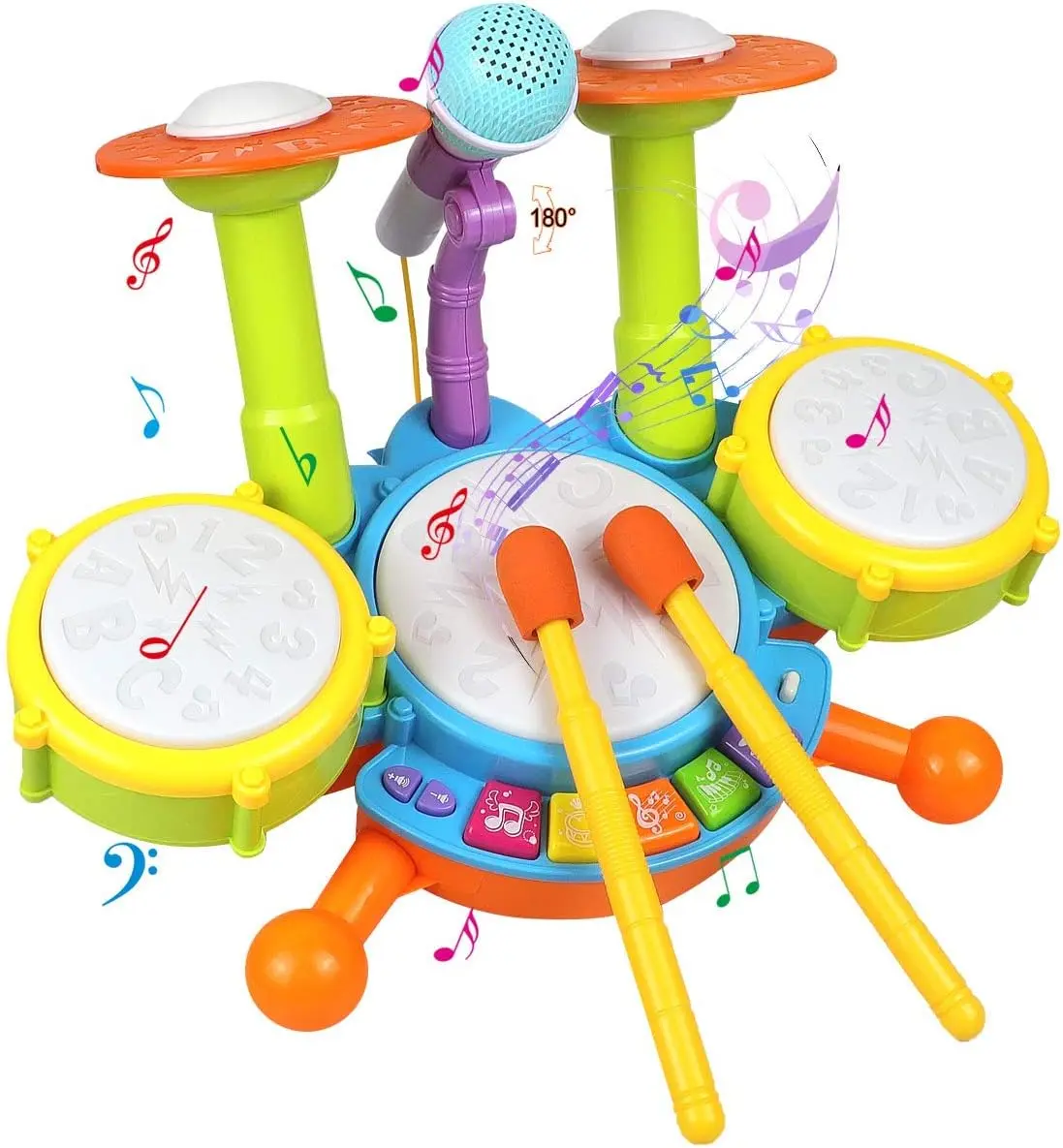 Kids' Drum Kit - Eco-Friendly Plastic Musical Instruments Playset with 2 Drum Sticks, Microphone, Requires Batteries, Music Fun Birthday Gift for 3+ Years Old Boys & Girls