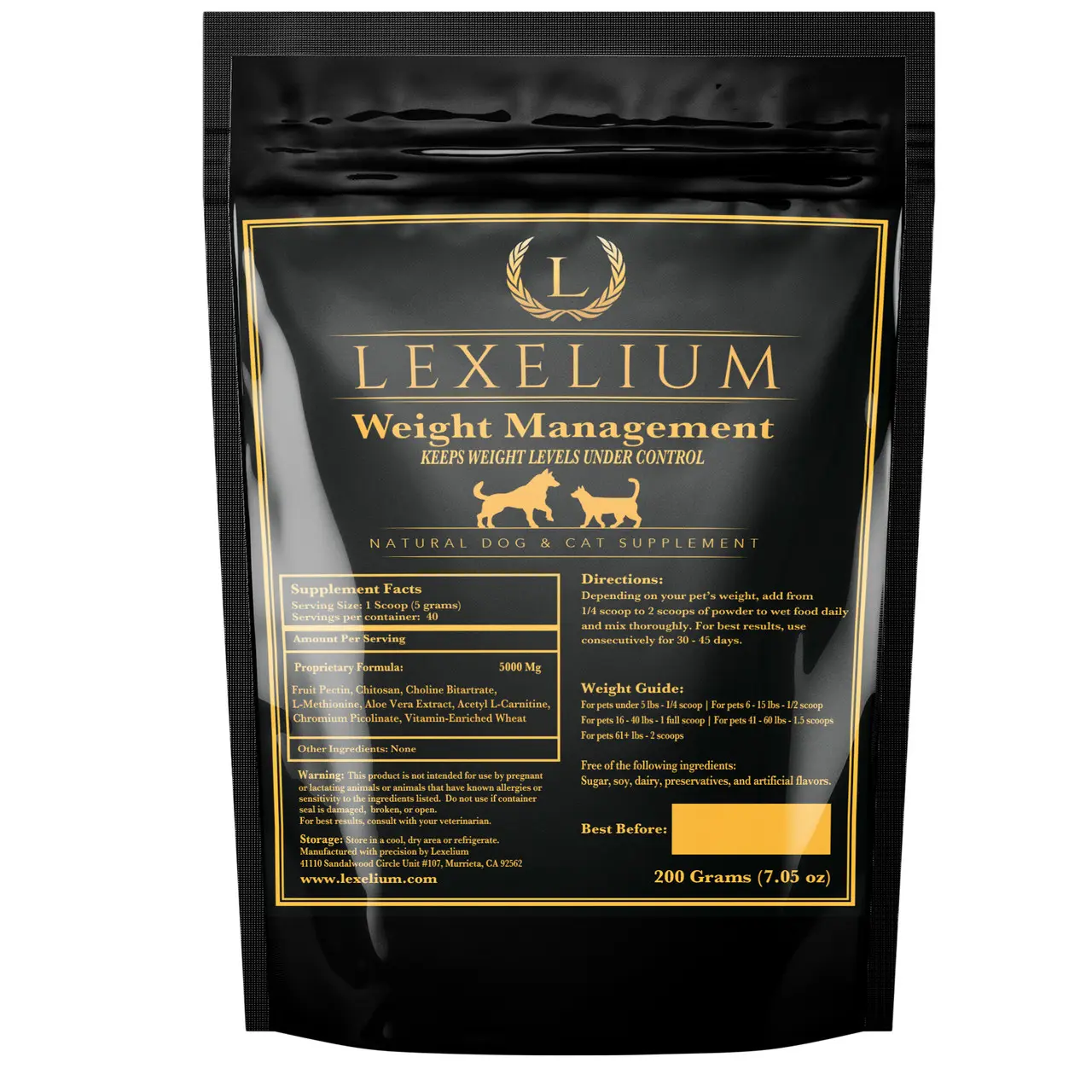 Lexelium Weight Management Supplement for Dogs & Cats | L-Carnitine, Chitosan, Chromium & Pectin | Supports Healthy Metabolism & Daily Wellness – 200g