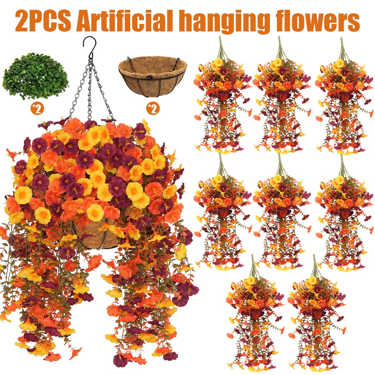 2Pcs Artificial Hanging Flower Baskets, UV Resistant Daisies/Pansies/Morning Glories/Ferns Arrangement, No Maintenance Fall & Halloween Decor for Porch Patio Balcony Yard, Home Accessory, House Decor homeessentials 2Pcs Artificial Hanging Flower Baskets, UV Resistant Daisies/Pansies/Morning Glories/Ferns Arrangement, No Maintenance Fall & Halloween Decor for Porch Patio Balcony Yard, Home Accessory, House Decor homeessentials