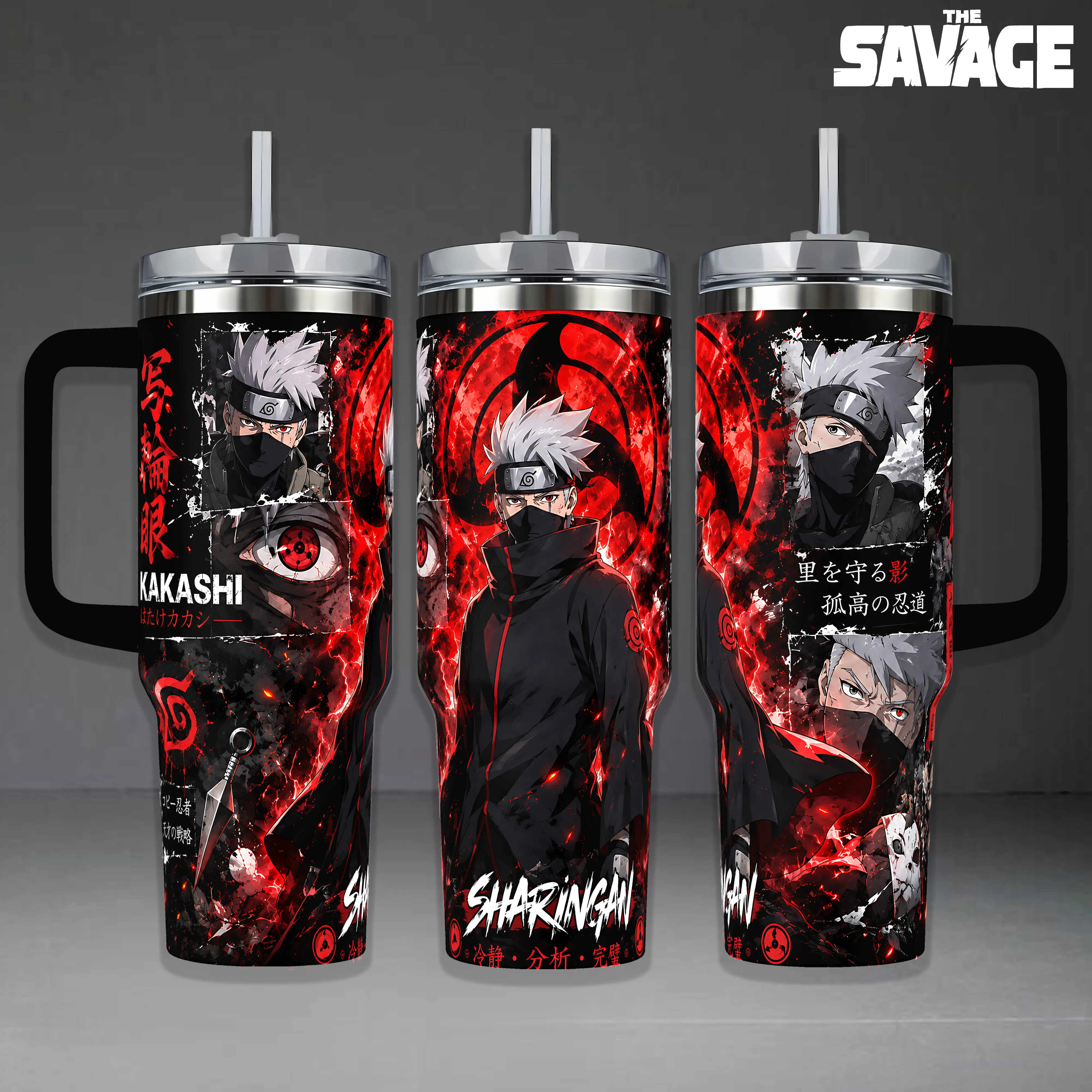 Kakashi Hatake "Sharingan" Tumbler, 20oz & 40oz Insulated Travel Mug with Handle. NRT Anime Art Cup, Intense Red Eye Ninja Design, Perfect Gift for Naruto Fans and Anime Collectors