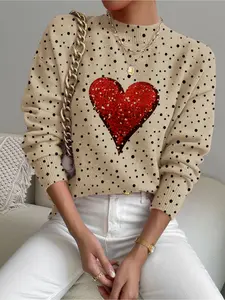 Women's Valentine's Day Heart Polka Dot Sweater, Casual Long Sleeve Knit Top, Fall Winter Warm Clothing, Festive Design