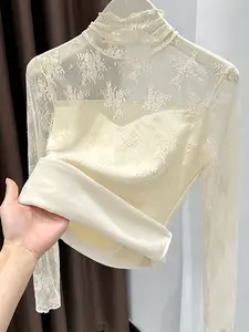 New Lace Trimmed Woodgrain Hem Long Sleeve Top, Elegant Fashionable Fitted Slimming Design, Plus Size Women's T-Shirt, Stylish and Trendy, Womenswear, Lady
