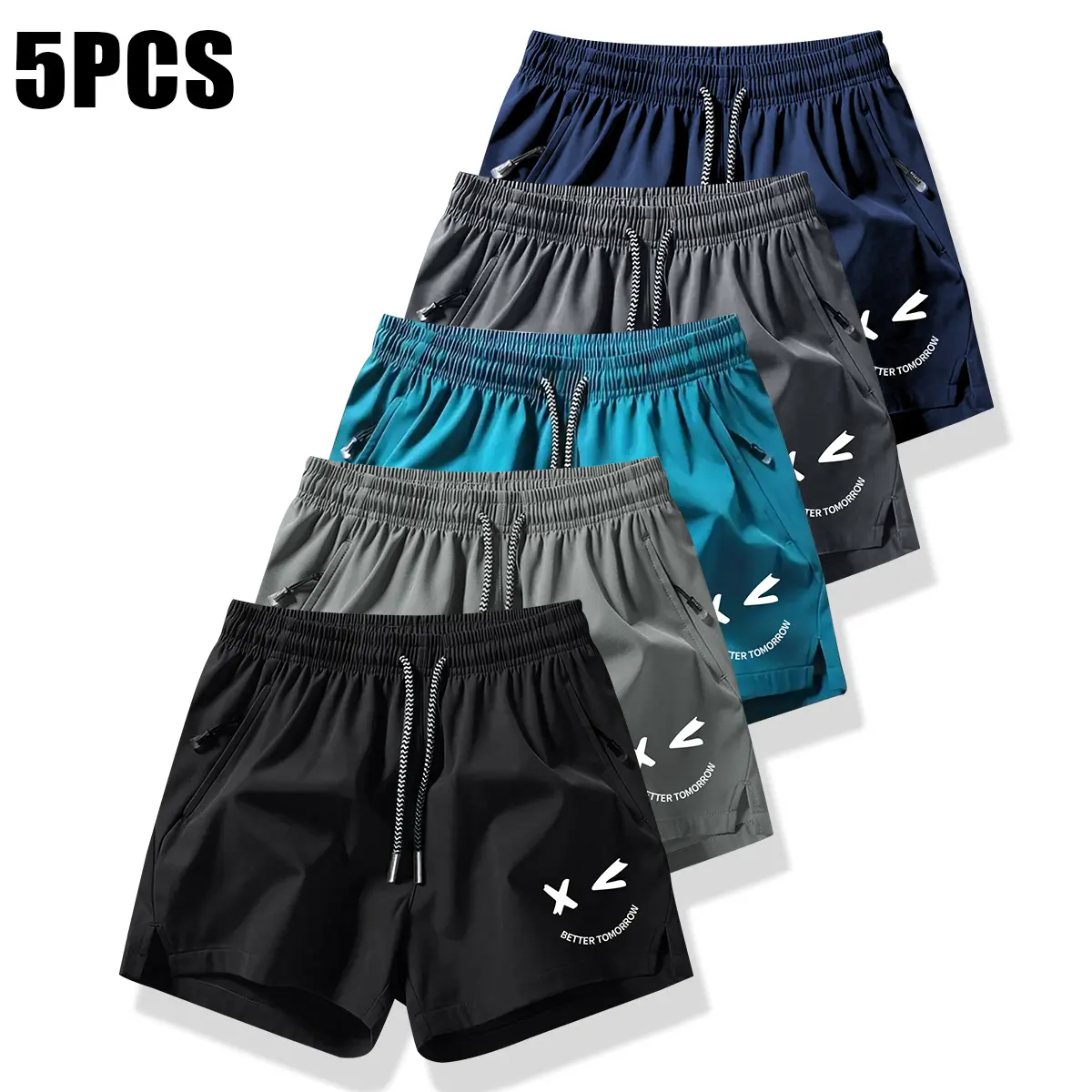Men's Sporty Fitted Quick-Dry Breathable Shorts with All-Over Smiley Print, Secure Zip Pocket, Sizes S-XL