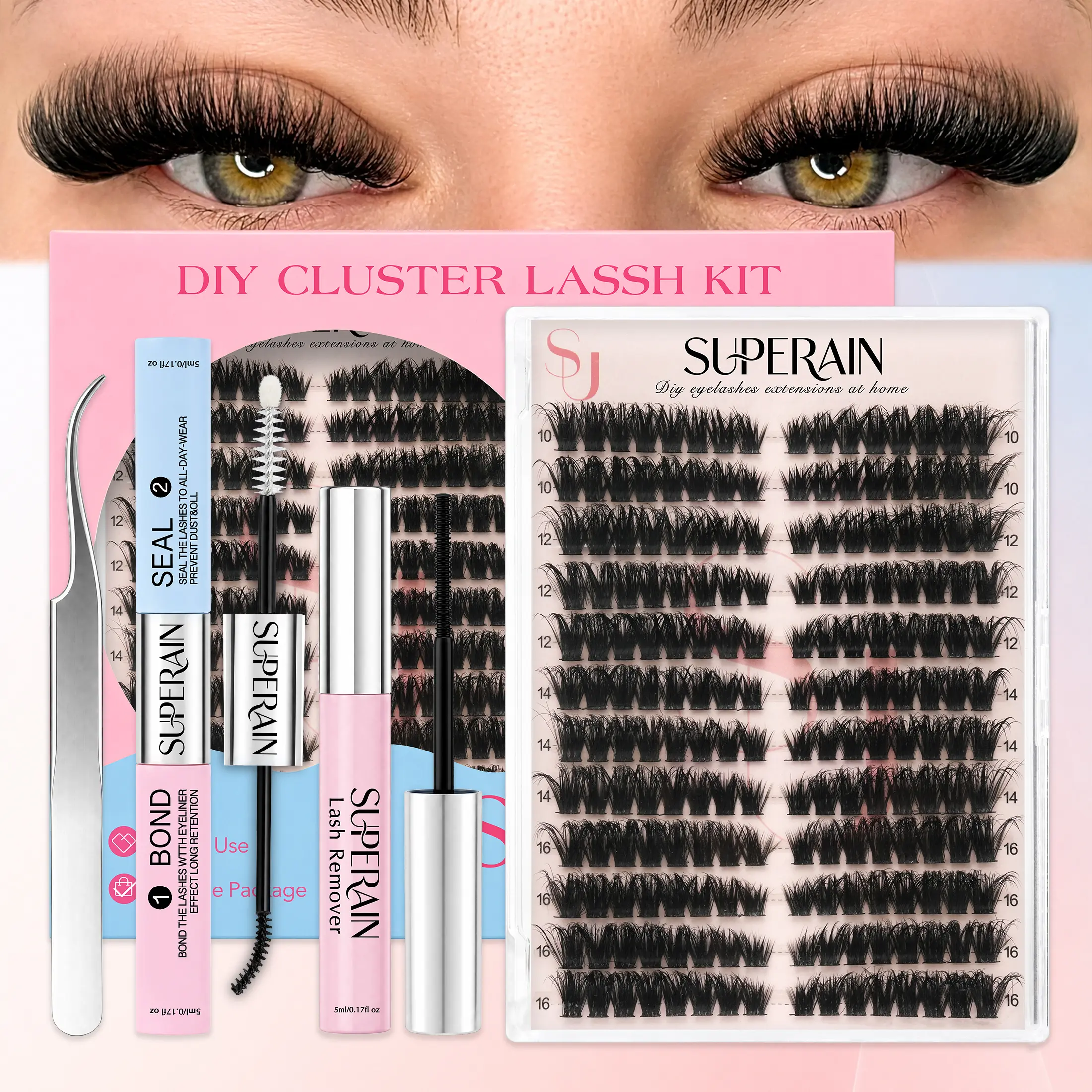 DIY Cluster hand made Lash Extension Kit with Lash Bond & Seal, Tweezers and Remover, Natural Wispy False Eyelashes Set for Home Use 