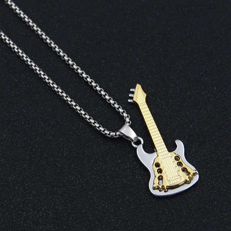 Gold-Tone Guitar Pendant Necklace for Music Lovers, Rock & Roll Stainless Steel Jewelry with a 70cm Long Chain, Rock & Roll Necklaces, Durable Fashion Accessory, Metal Coating