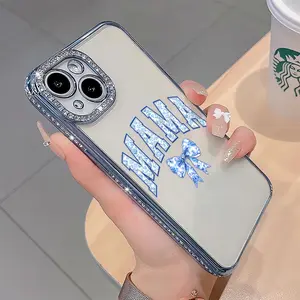 Blue MAMA bow luxury rhinestone decor phone case for iPhone 17 17air 17pro 17promax 16 15 14 13 12  plus pro Max shockproof camera protector cover