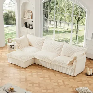 L-Shaped Slipcovered Sectional Sofa Couch, Comfy Deep Seat Cloud Couch with Convertible Ottoman & 2 Big Pillows, Modern Oversized 3 Seater Slipcovered Sofa Set for Living Room Office, Cream Corduroy