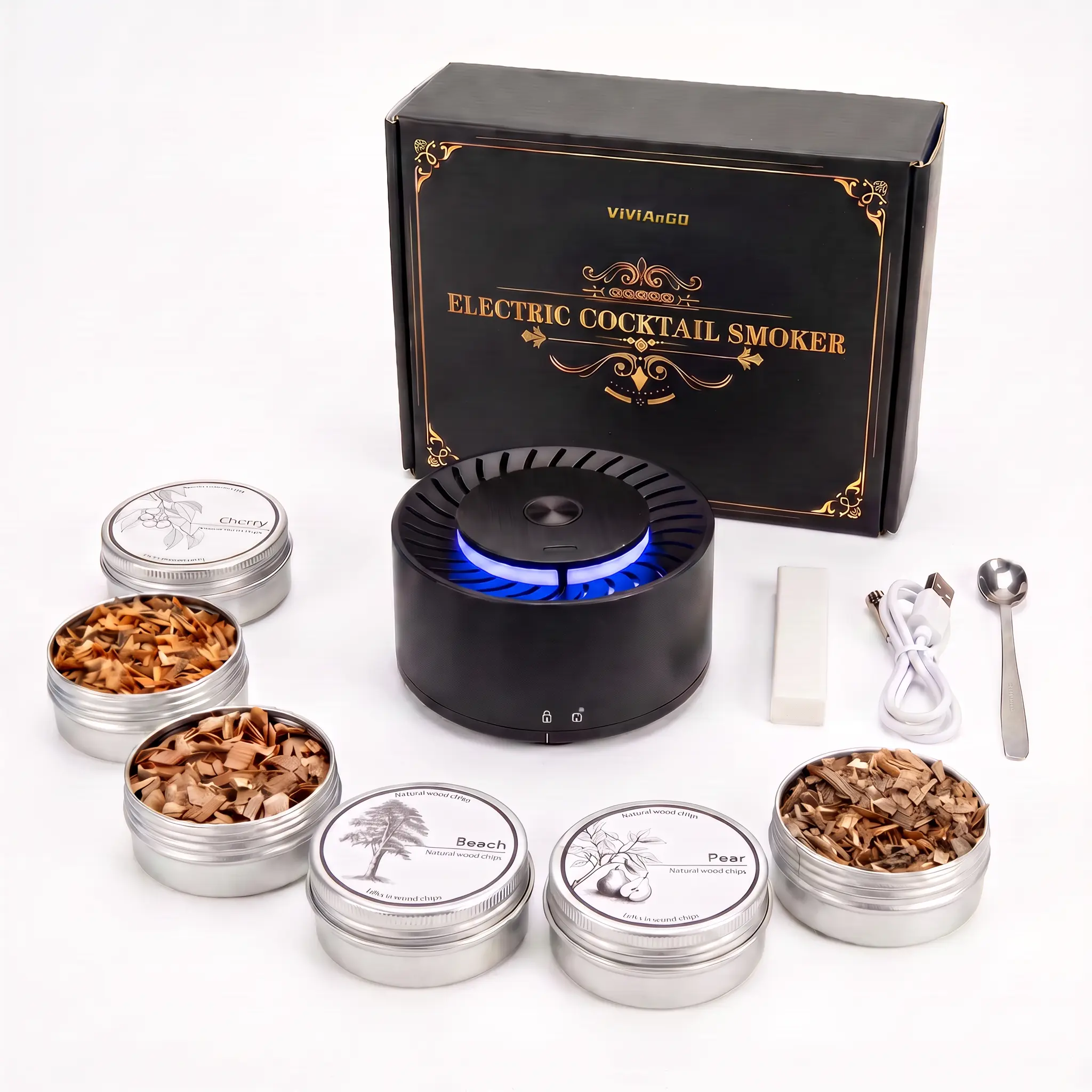 ViViAnGo Electric Whiskey Smoker Kit, Portable Smoke Infuser with LED Light, 6 Flavors Wood Chips for Whiskey, Bourbon, Cocktails, Gift for Home Bar Bartenders & Whiskey Lovers,Utensils,Wooden