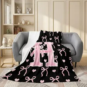 Initial Letter A-Z Black Pink Flannel Blanket, Personalized Monogram Soft Cozy Throw Blanket for Girls, Daughter, Women, Teen Bedroom, Bedding, Office, Sofa and Gift