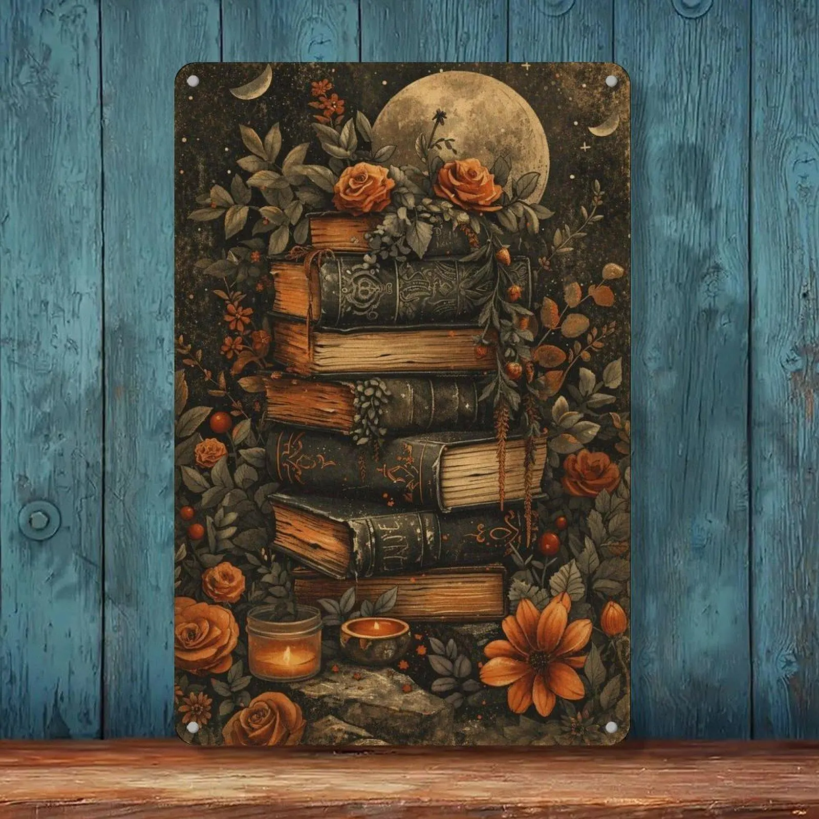 Dark Antique Books Rose Full Moon Witchy Vintage Tin Sign 8x12in Gothic Cottage Wall Art Metal Tin Sign