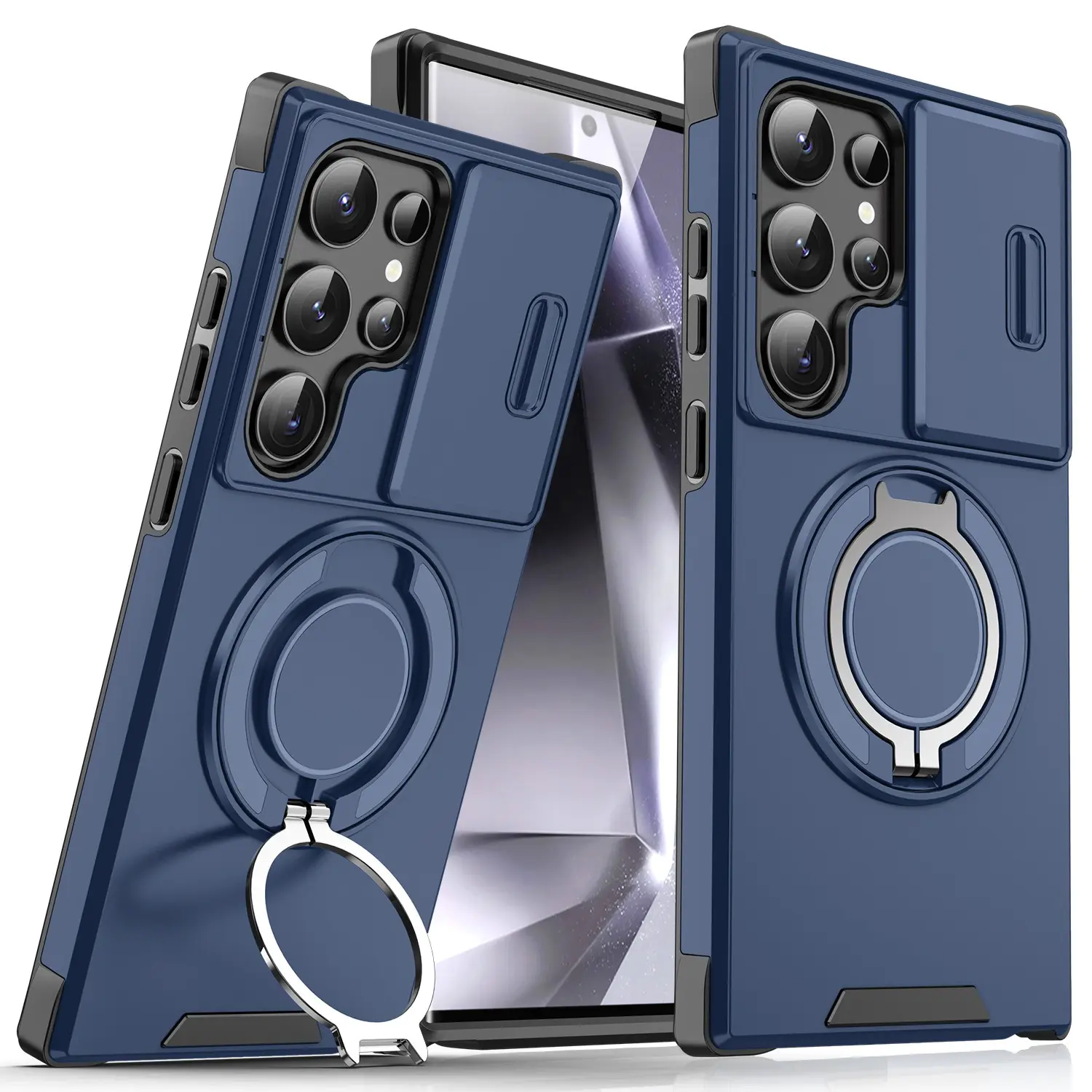 (Case & Nova) Heavy Duty Rugged Smartphone Casing for Samsung Galaxy S25 Ultra-S25-S24 Ultra-S24 Plus-S23 Series, Military Grade Shockproof Protector with Sliding Camera Cover, 360° Rotating Magnetic Ring Stand, Slim Stylish Handheld Device Accessory