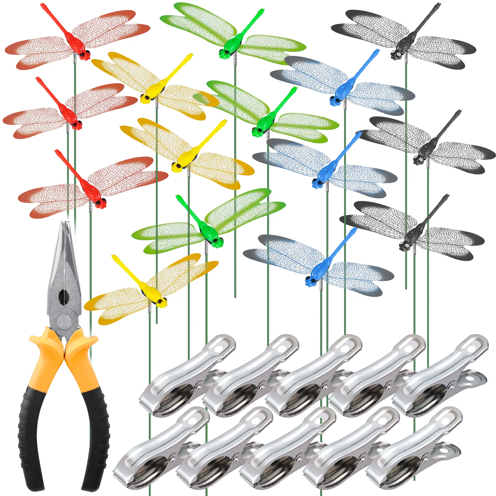 NiHome 15PCS Multicolor Waterproof Realistic Dragonfly Garden Supplies - Clip-On Hanging Ornament, Theme Miniatures with 10 Clips for Indoor/Outdoor Plant Decor Use