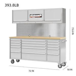Heavy-Duty 72 Inch Stainless Steel  Chest - 15 Lockable Drawers - Mobile Storage Cabinet  Drawer Liners and Wheels - Ideal for Garage, Workshop, Kitchen - Silver Rolling Tool Cart with Pegboard
