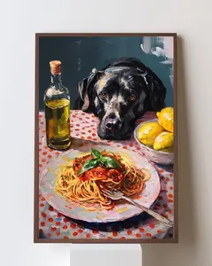 [SALE UP TO 40%] [Unframed] Black Lab Funny Dog Art – Italian Kitchen Print, Pasta Wall Decor, Whimsical Labrador Retriever, Funny Kitchen Wall Artwork, Dog Mom Gift