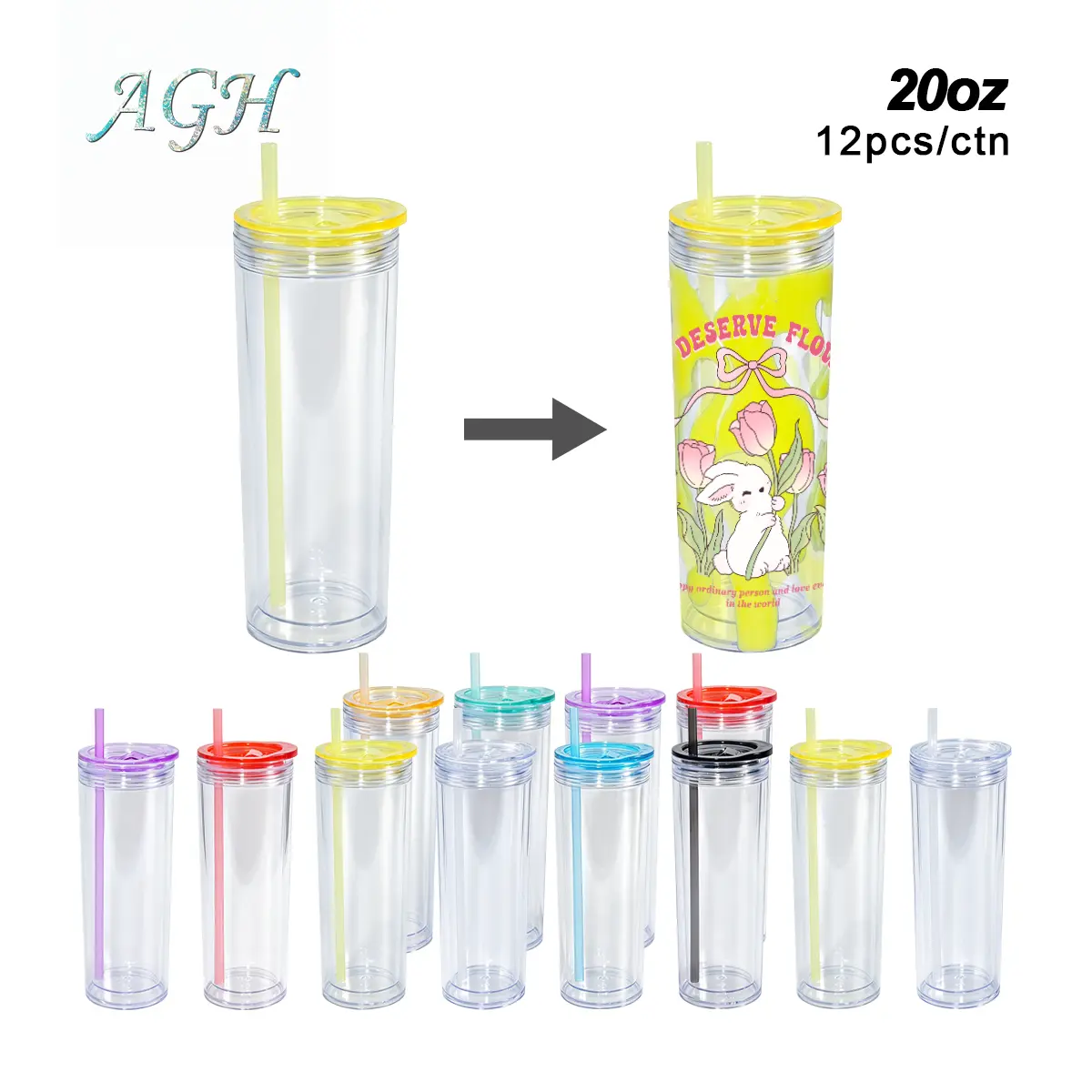 AGH US New collection 12pcs/ctn 20 OZ Double wall plastic skinny straight glitter tumbler lava drip cups for shimmer custom DIY, mixed color story tumbler, With Pre Drilled Hole And Plugs