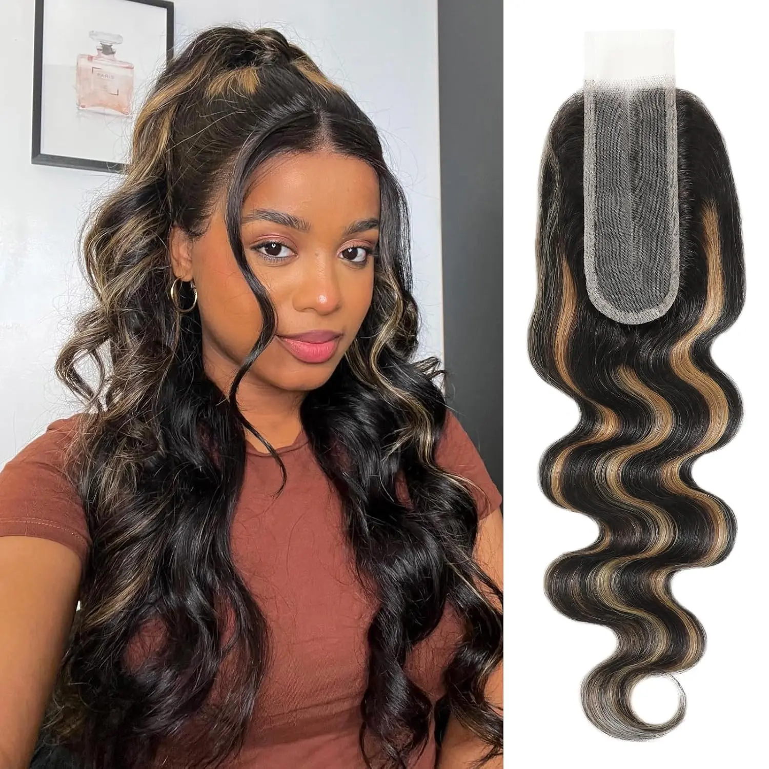 ALHER #1B/27 Blonde Highlight Body Wave 2x6/4x4 HD Lace Closure, 12A Invisible Single Knot 100% Brazilian Human Hair Black and Blonde Colored 2x6 Kim K Long Deep Middle Part Lace Closure Single Knot 100% Real Human Hair 10-18 Inch Optional