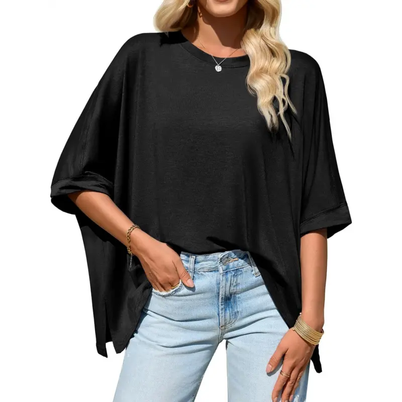 Women's Oversized Solid Crew Neck Short Sleeve Elastane-Cotton Blend T-Shirt - Casual Drop Shoulder Batwing Tunic Top with Inverted Curved Hem, Sporty Chic for Maternity, Gym Workouts, Short Sleeve Tops, Oversized T-Shirt, Soft Blend, Low Iron, Everyday B