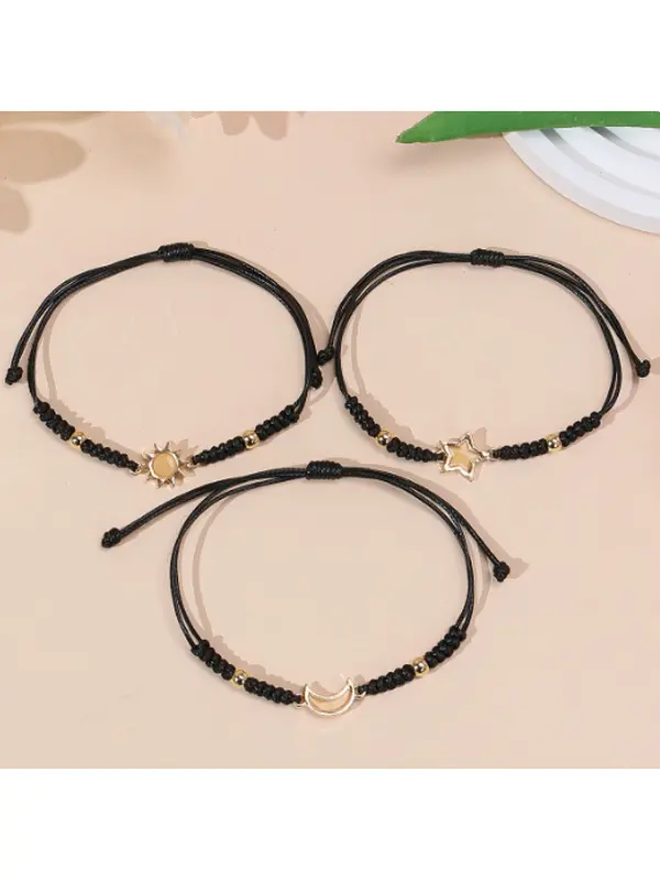 European-Style Sun and Moon Bracelet Set, Luminescent Woven Rope Jewelry for Couples, Adjustable Fit Friendship and Special Occasion Gifts, His & Hers, Retro Charm, Special Gifts, Unisex, Night Light, Couples' Sets, Luminescent Glow, Sun Moon Star, Black,