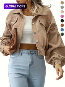 Women's Plain Button Front Lantern Sleeve Ruched Jacket, Casual Drop Shoulder Long Sleeve Collared Outerwear for Daily Wear, Ladies Clothes