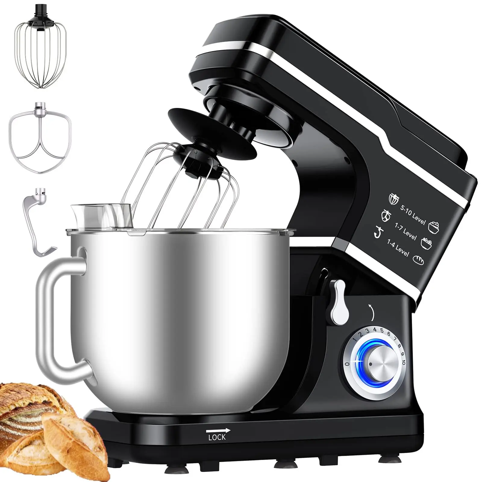 Black 7 Quart Stand Mixer, Stable Design, 660W Tilt-Head Stand Mixer with 10-Speed Stepless Control for Bread, Pizza, Cake and Cookie Dough, Large Stainless Steel Bowl